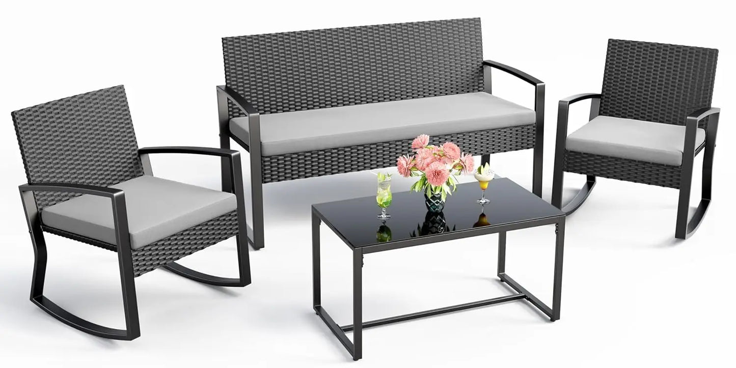 GUANGBAI 4 Piece Patio Furniture Set Wicker With Glass Table