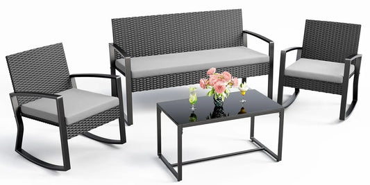 GUANGBAI 4 Piece Patio Furniture Set Wicker With Glass Table
