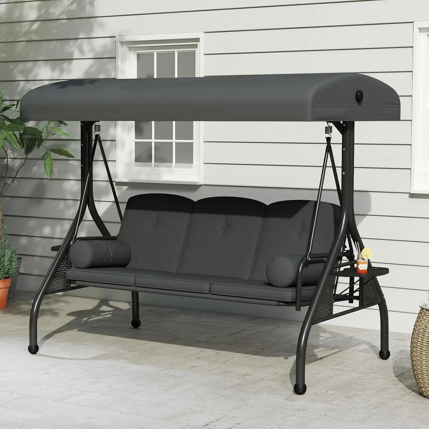 XIAOLANG Patio Swing With Canopy And Cup Holders Weather Resistant