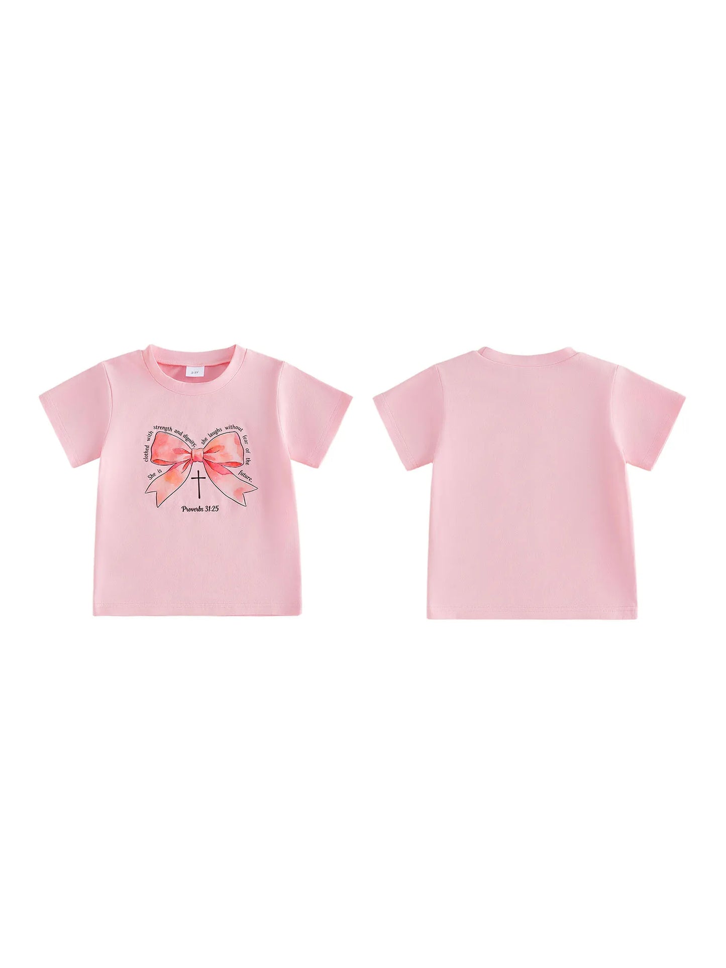 Infant Girls Round Neck Short Sleeve Top With Bow Print