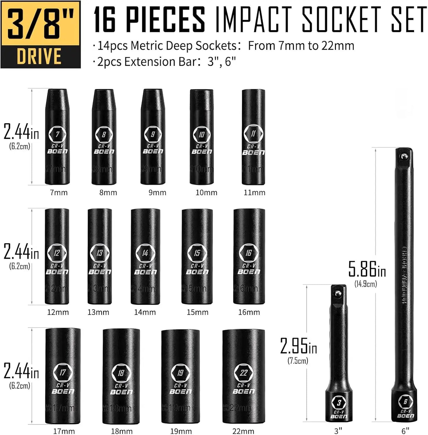Boen 16 Piece Metric Socket Set CrV Steel Pro Case