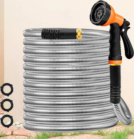 50ft Stainless Steel Garden Hose With 10 Function Adjustable Spray Nozzle Heavy Duty Metal Water Hose For Yard Lawn