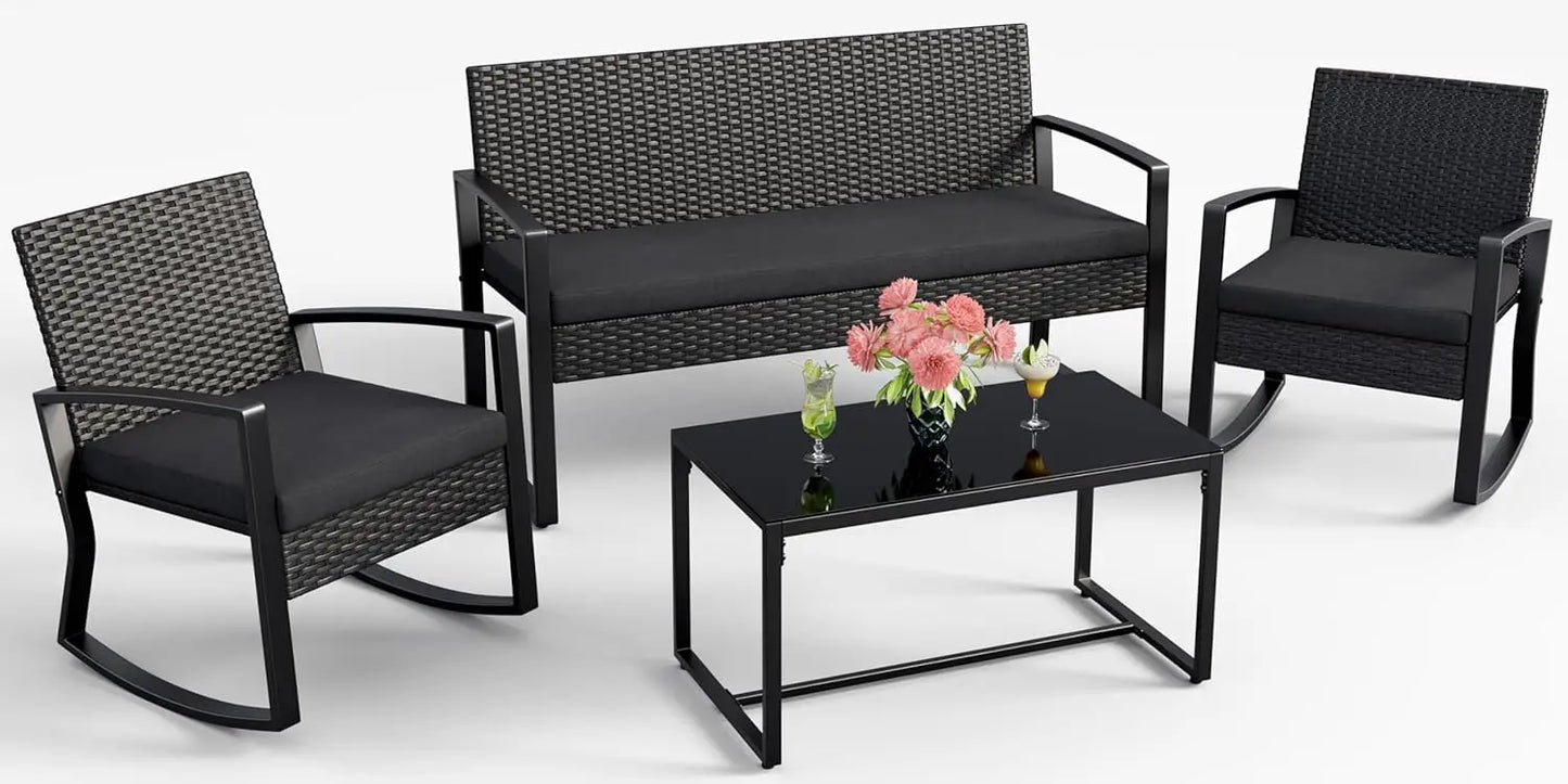 GUANGBAI 4 Piece Patio Furniture Set Wicker With Glass Table