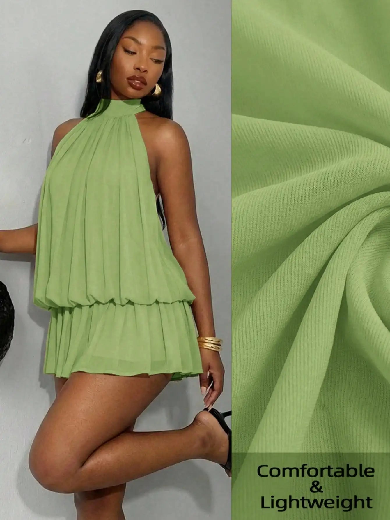 Elegant Pleated Halter Neck Backless Mini Dress For Women