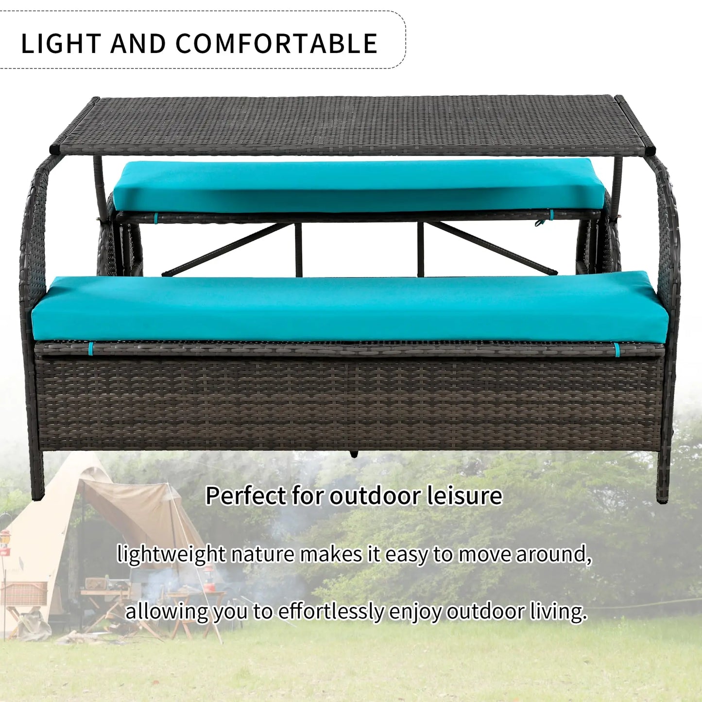 Outdoor Rattan Loveseat Convertible Picnic Bench With Table