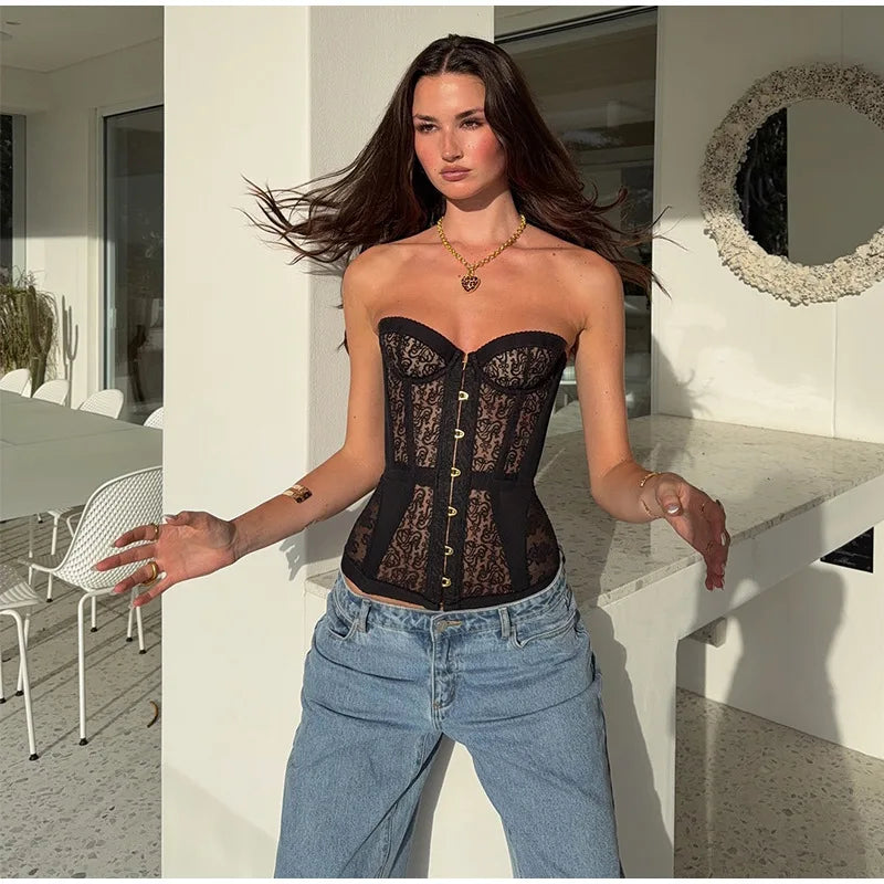 Spicy Girl Strapless Lace Hollow Out Corset Top Summer Style