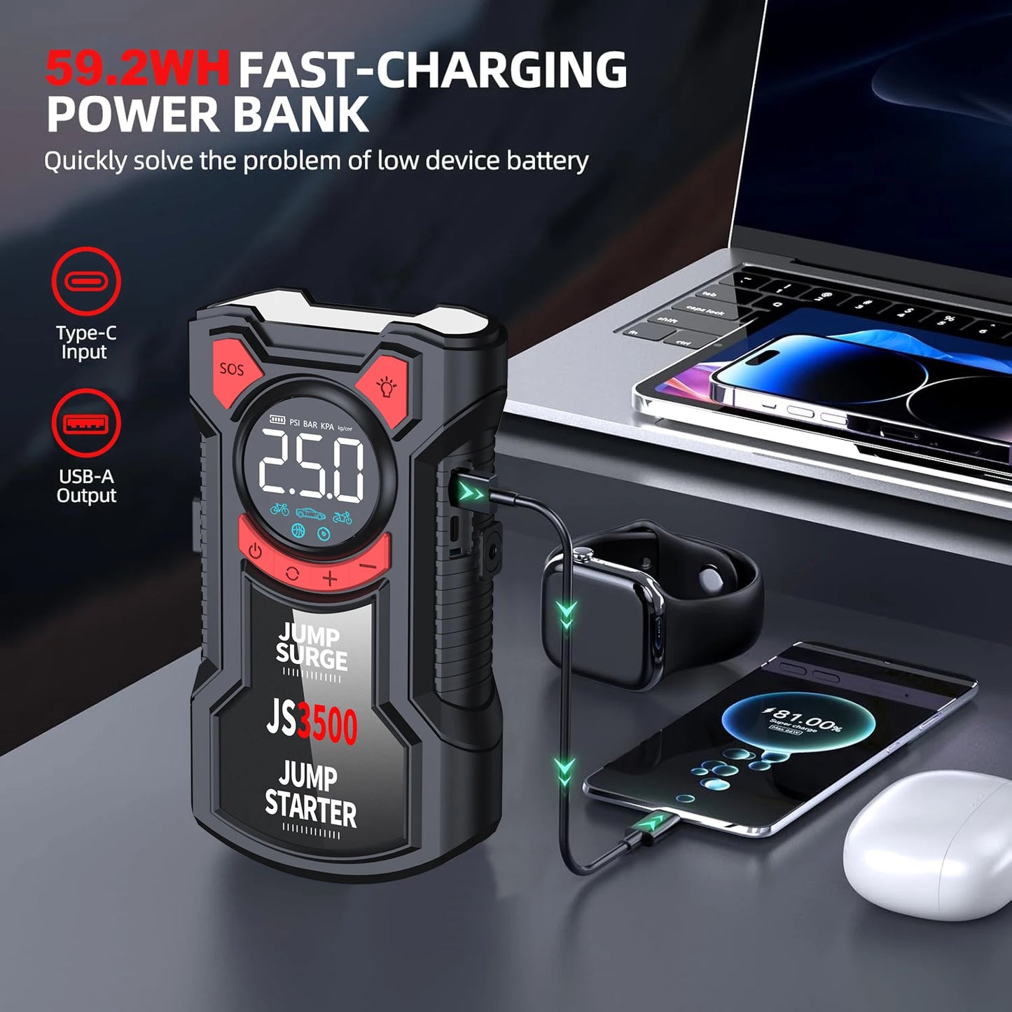 BUVAYE 5In1 Multifunctional Air Pump Jump Starter 3000A Peak 150PSI