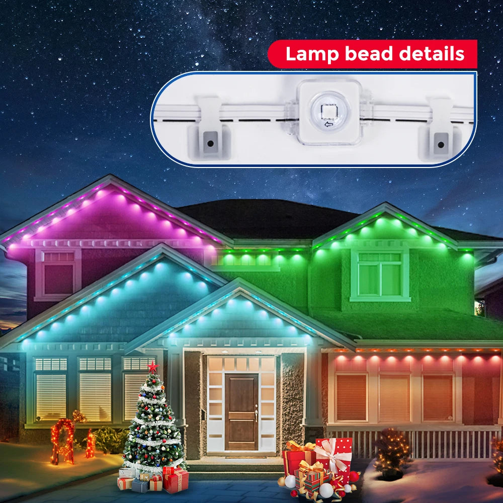 Smart RGB Northern Lights Outdoor Eaves String Lights 100ft 60 LEDs IP68 Waterproof for Christmas Parties and Holidays