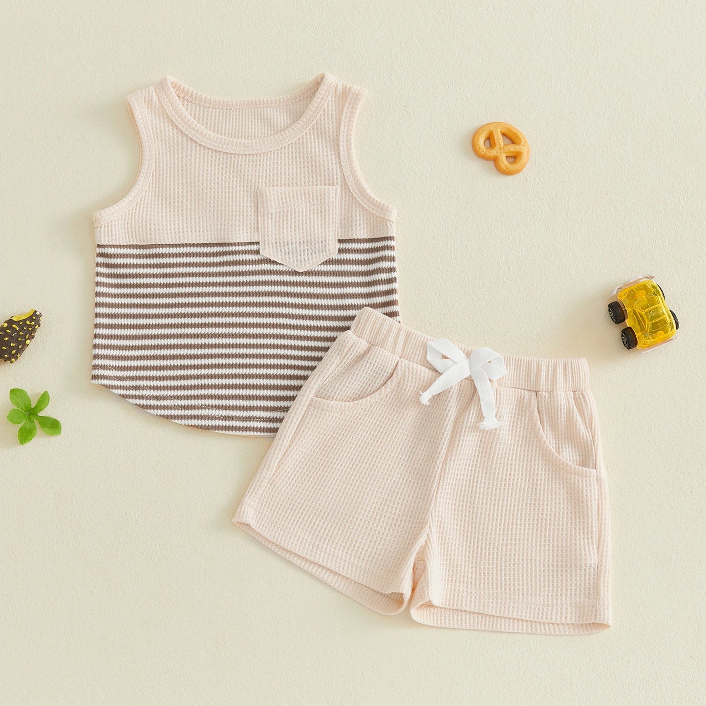 Cute Baby Girls Round Neck Sleeveless Striped Top And Shorts