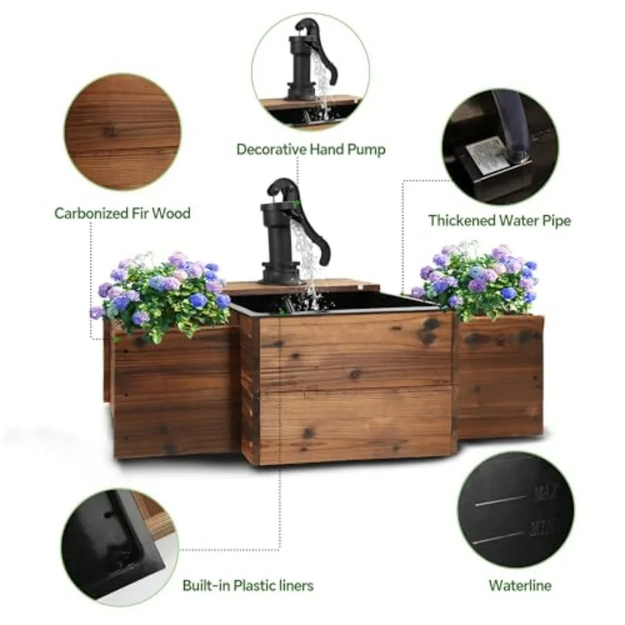 Outdoor Water Fountain Wooden Rectangular Old Fashioned Pump Flower Box