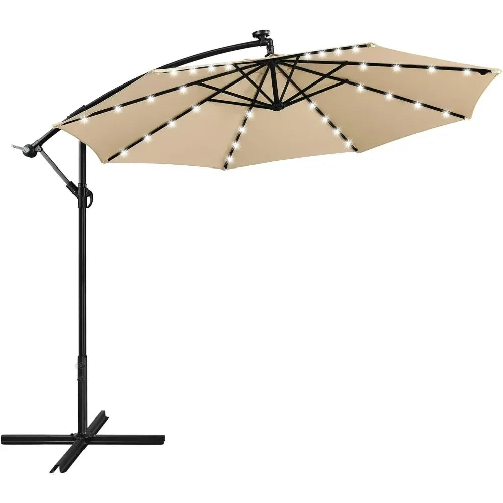 Solar Offset Cantilever Umbrella With LED Lights And Crank Base