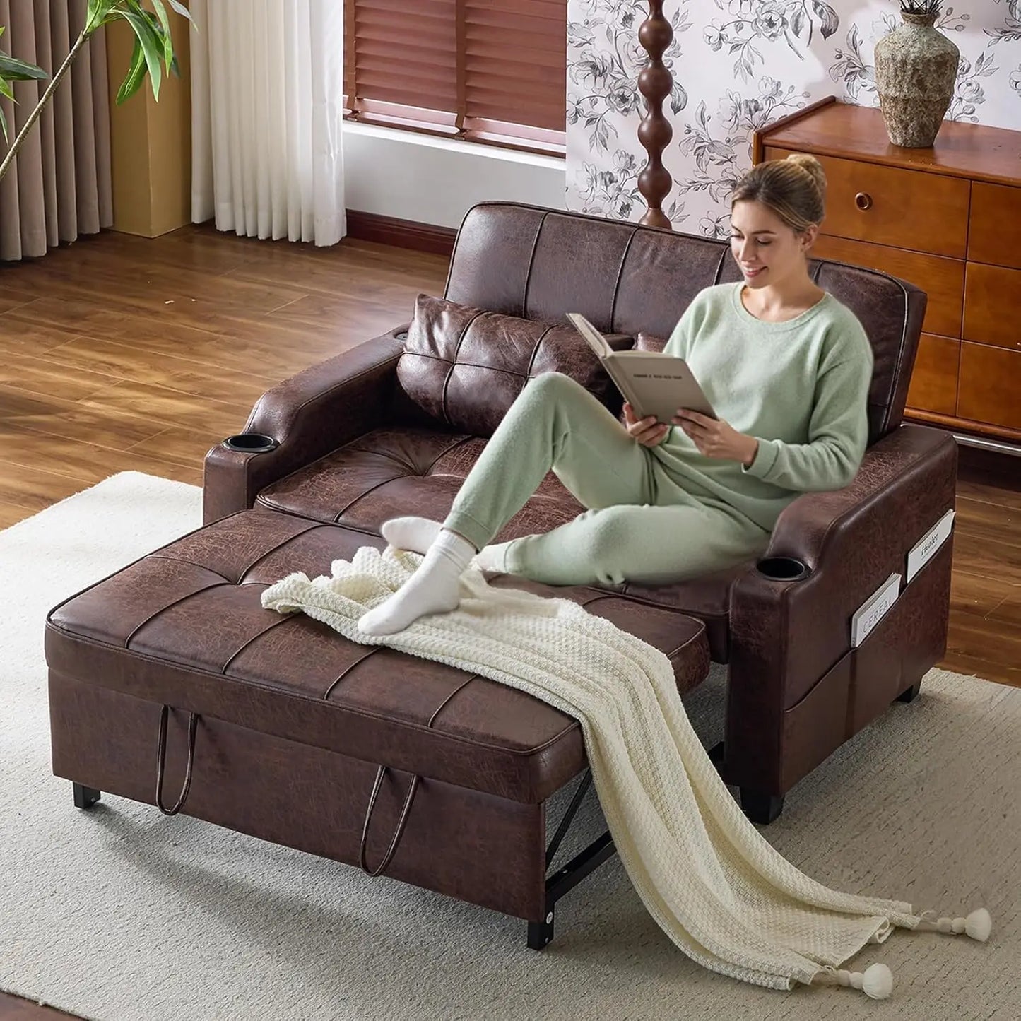 Rustic Futon Sofa Bed Convertible Loveseat With USB Ports