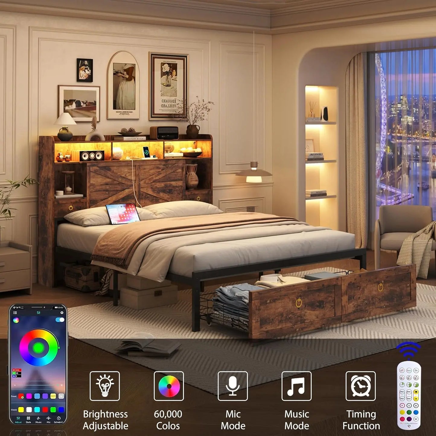 Farmhouse Metal Bed Frame With LED Lights And Charging Station