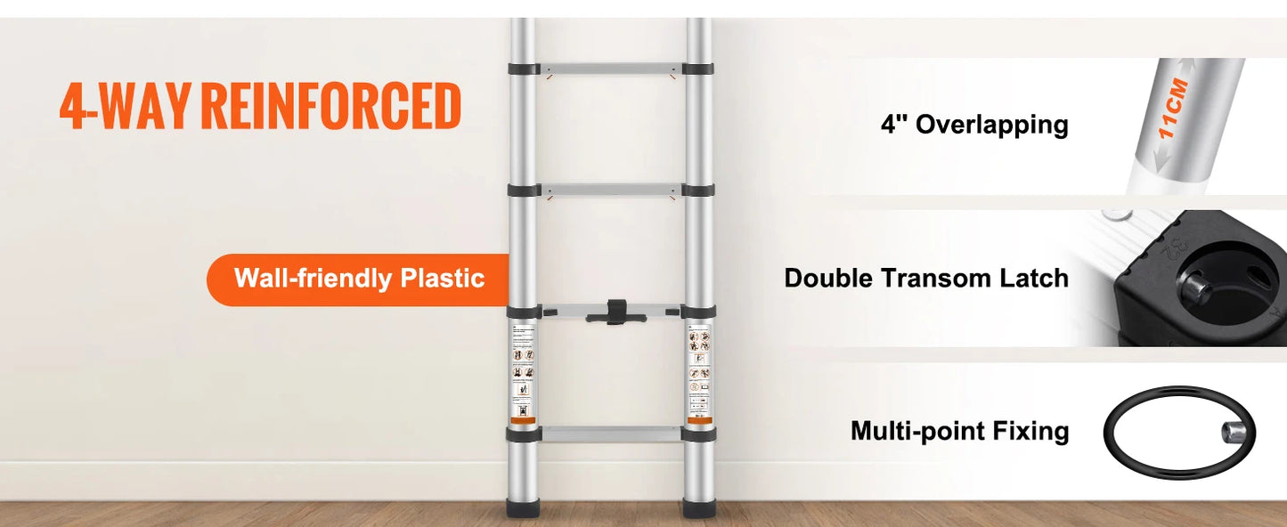 SucceBuy Telescoping Ladder Aluminum One Button Retraction 375 Lbs