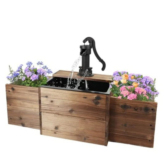 Outdoor Water Fountain Wooden Rectangular Old Fashioned Pump Flower Box