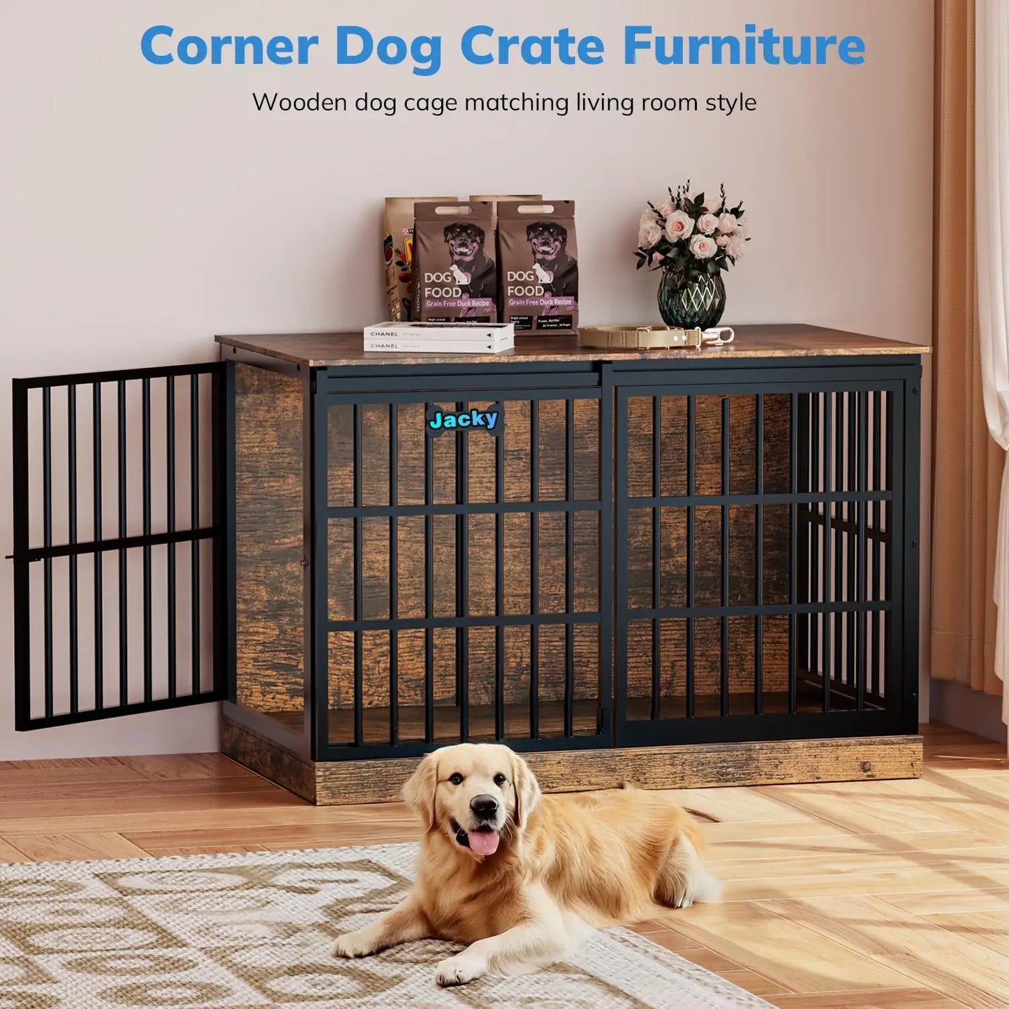 47in Wooden Dog Crate with Name Tag, Sliding Barn Door, Heavy Duty Indoor Kennel, Side End Table, TV Stand, Brown, Custom