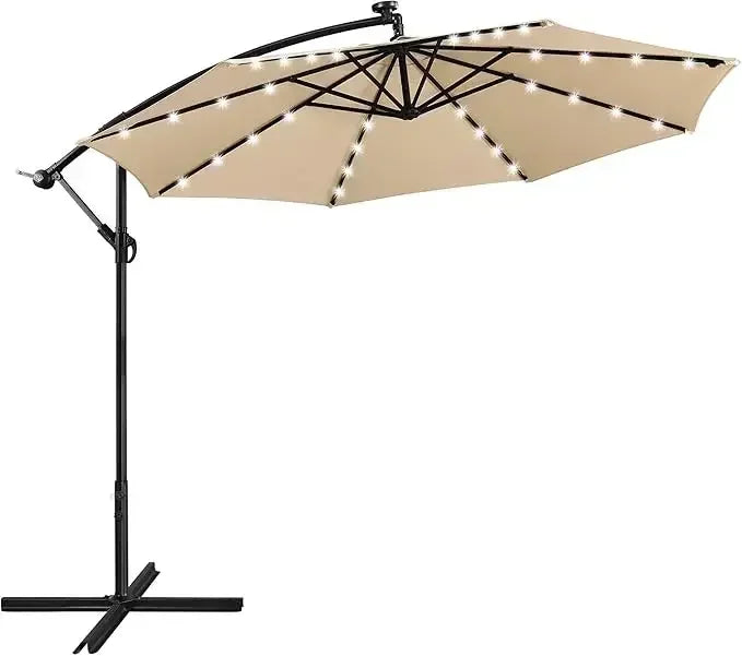 Solar Offset Cantilever Umbrella With LED Lights And Crank Base