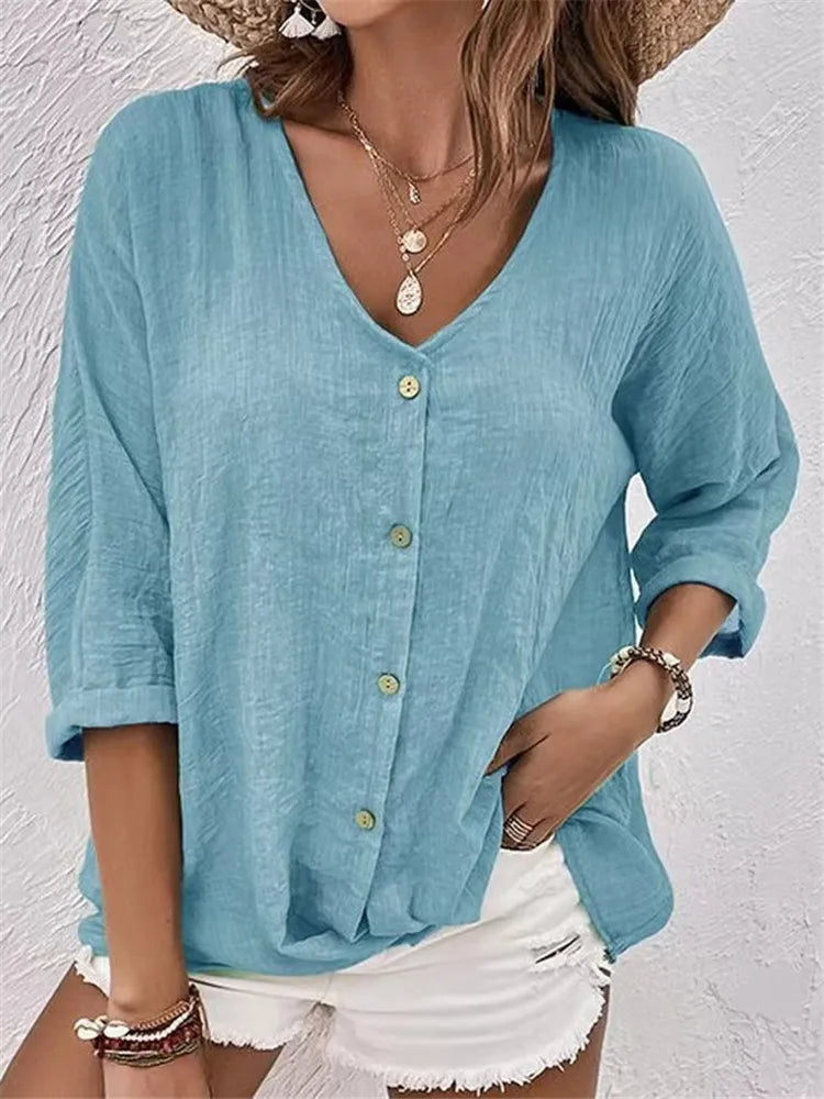 V Neck Long Sleeve T Shirt Button Front Women Topwear