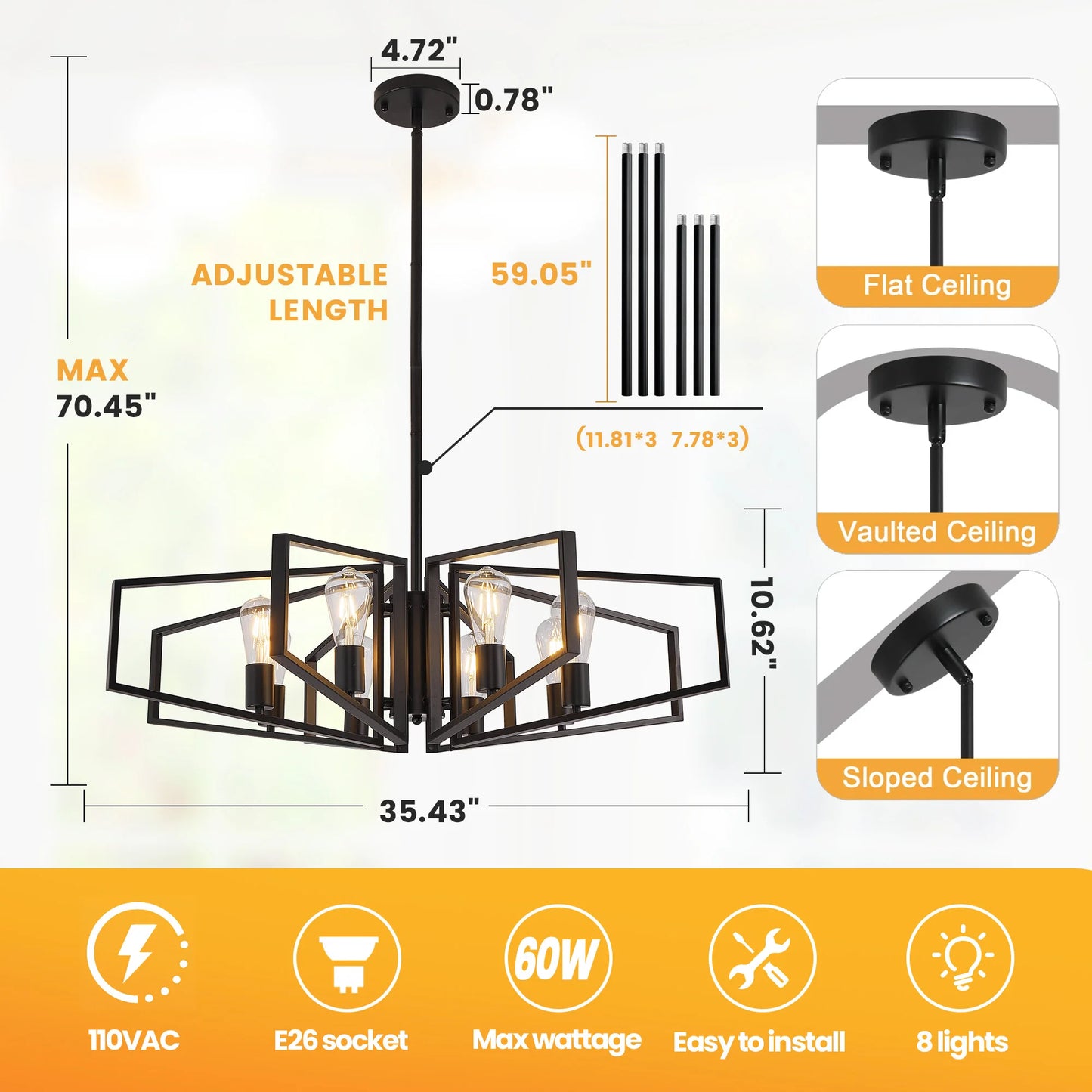 Geometric 8-Light Adjustable Height Chandelier Black Frame And Gold Accents