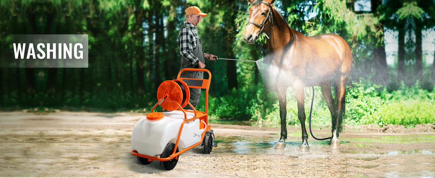 SucceBuy Battery Powered Garden Sprayer With Wheeled Cart Hose Reel