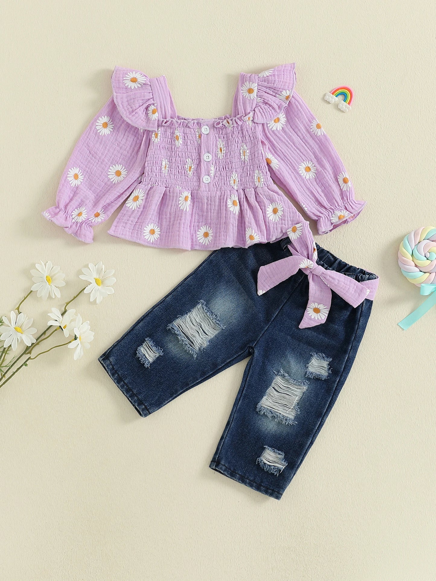 Girls Floral Print 2 Piece Belted Denim Pants Set Outfit