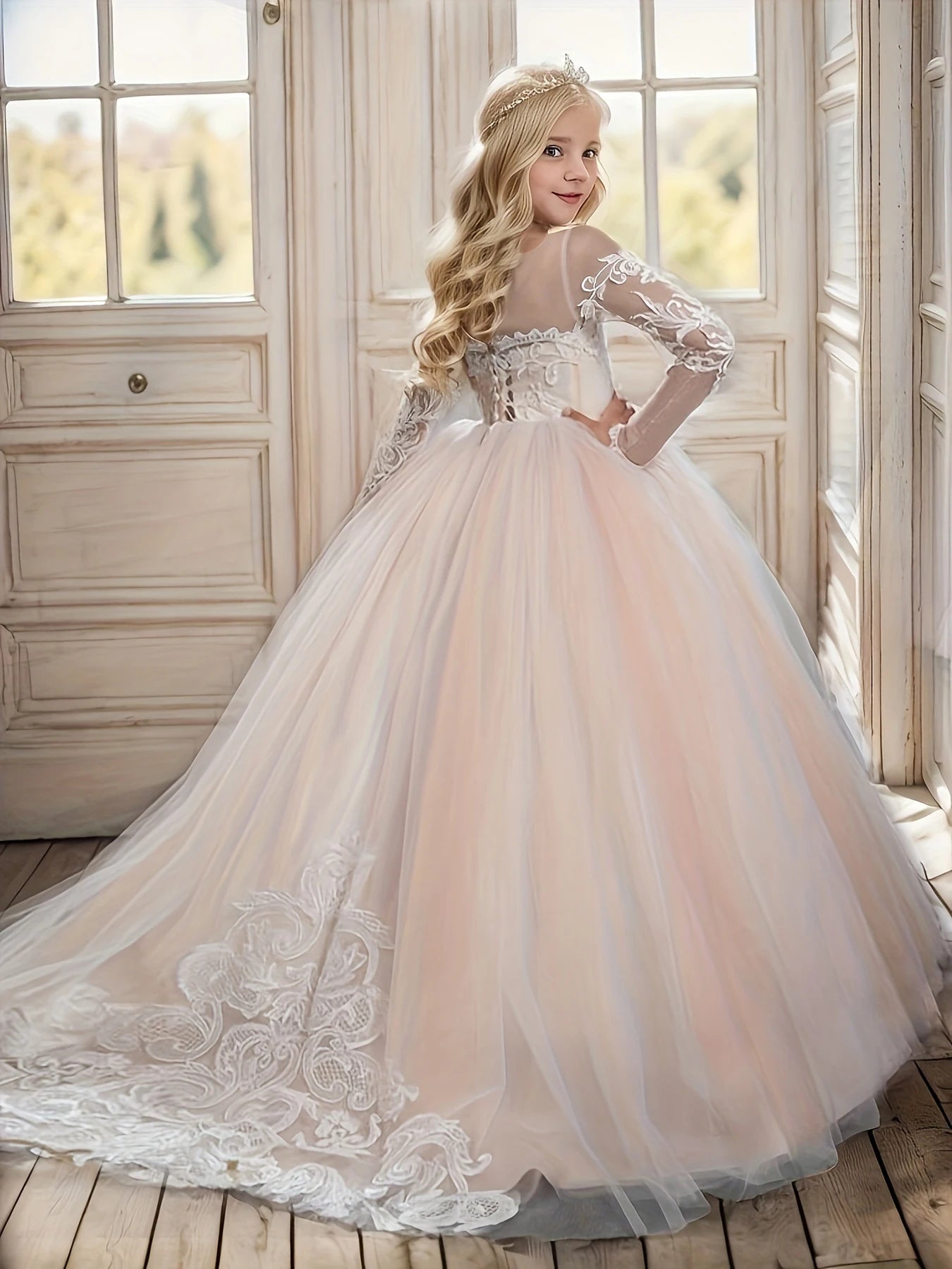 Abaowedding Lace Embroidery Sheer Long Sleeve Kids Gown