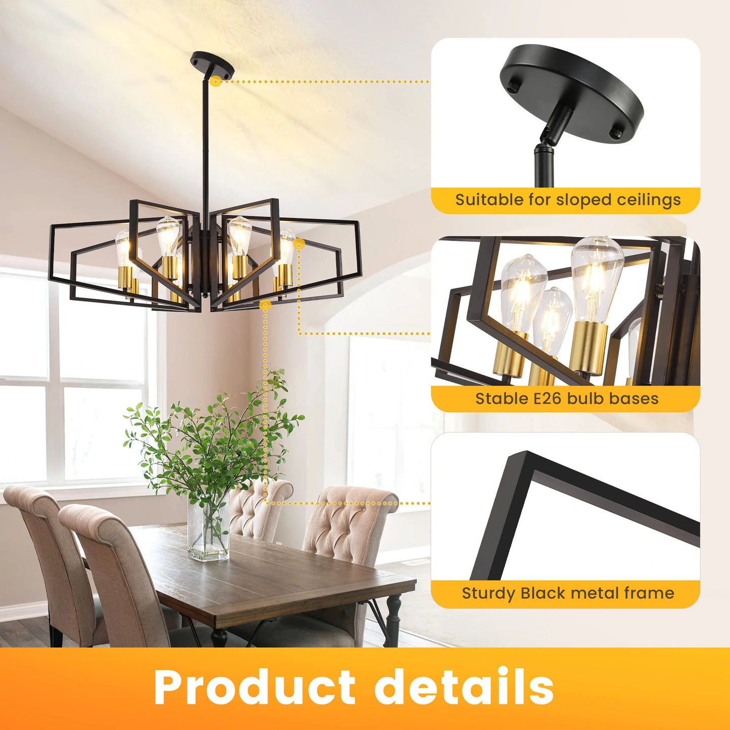 Geometric 8-Light Adjustable Height Chandelier Black Frame And Gold Accents