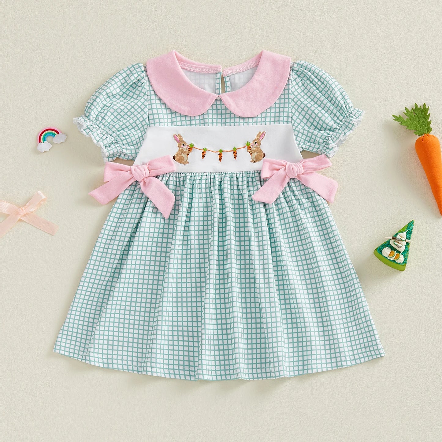 Adorable Baby Girl Easter Dress With Plaid Rabbit Embroidery