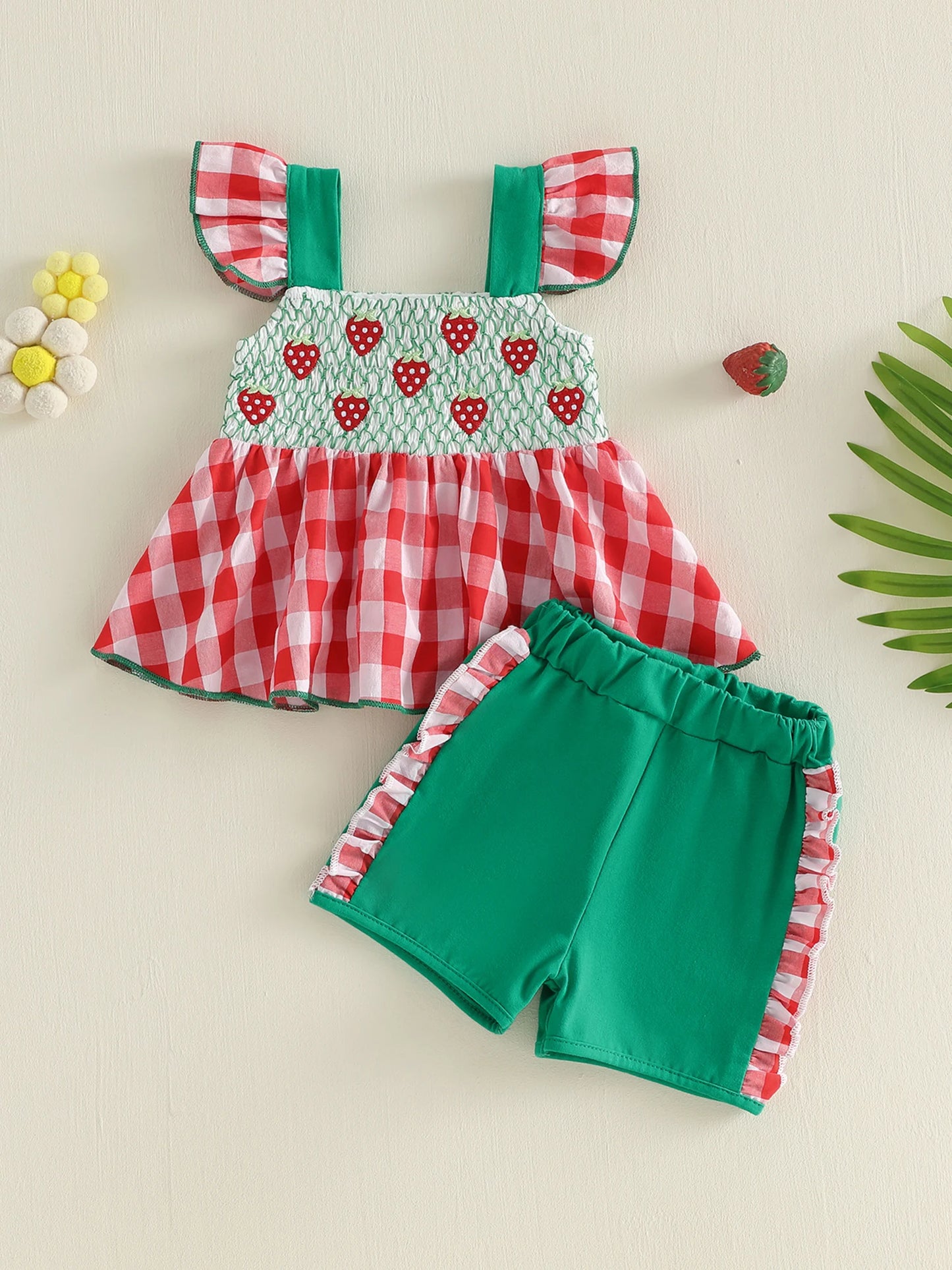 Adorable Toddler Girls Two Piece Strawberry Embroidery Flutter Sleeve Set