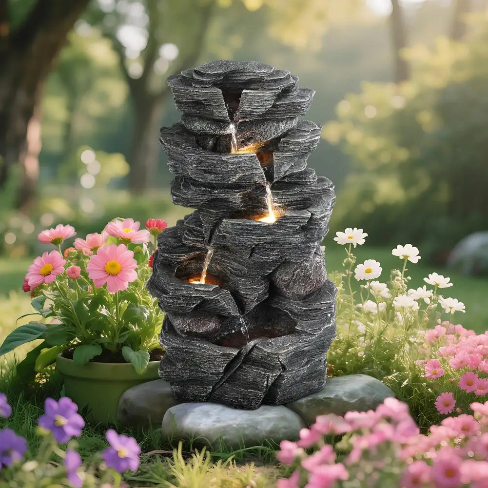 Rock Waterfall Garden Fountain With LED Light For Outdoor Decor