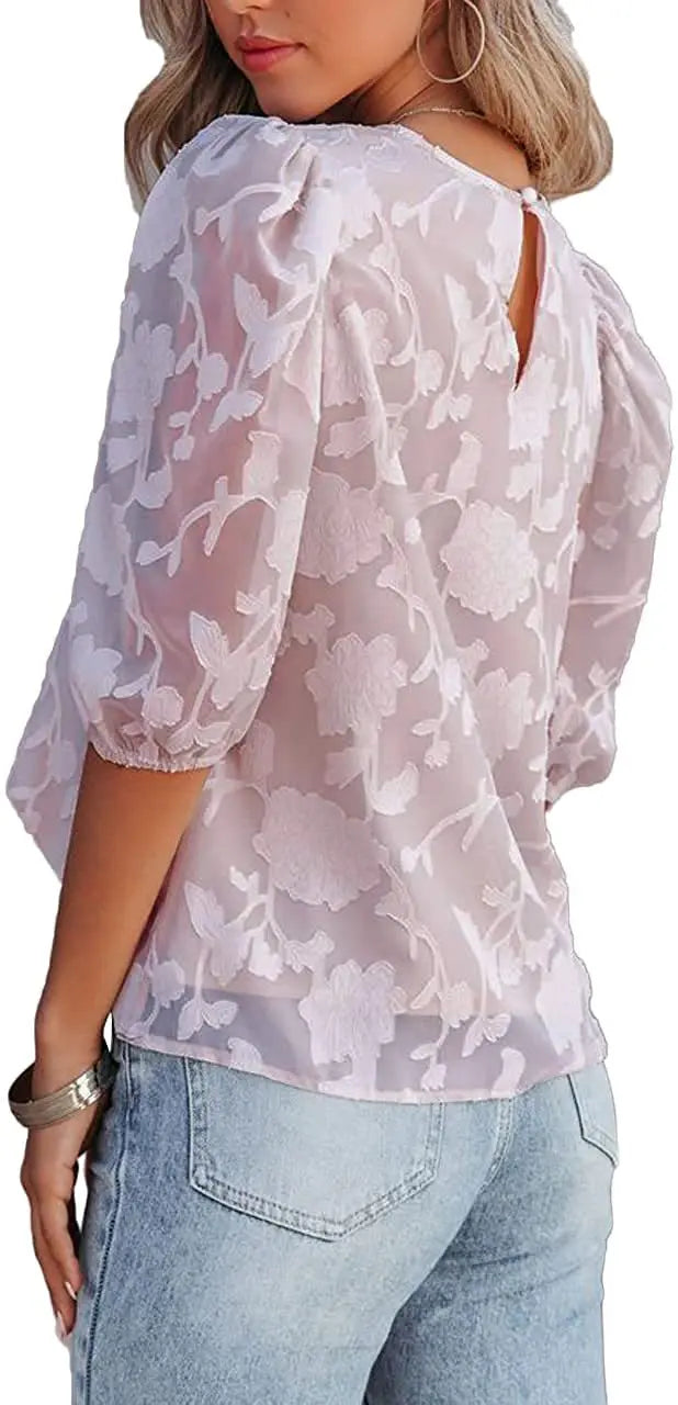 Women Puff Sleeve Chiffon Blouse Floral Lace Trim Loose Fit
