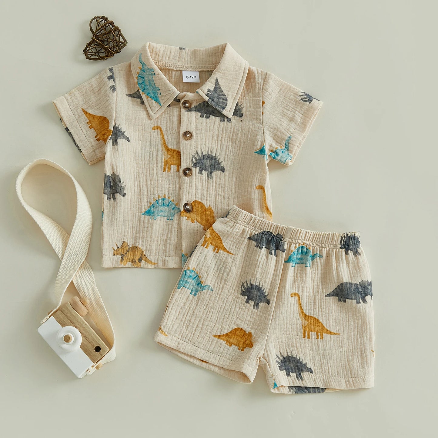 Dino Themed Children Shirt Shorts 2 Piece Summer Set