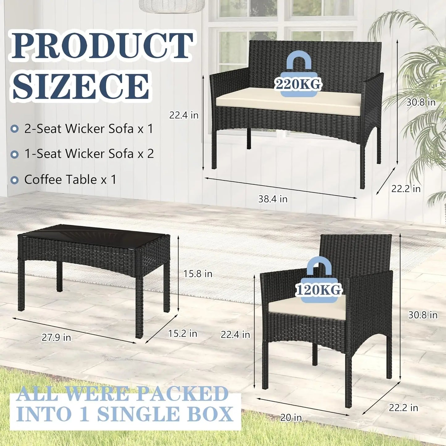 4 Piece Outdoor Patio Furniture Set Wicker Rattan With Waterproof Cushions