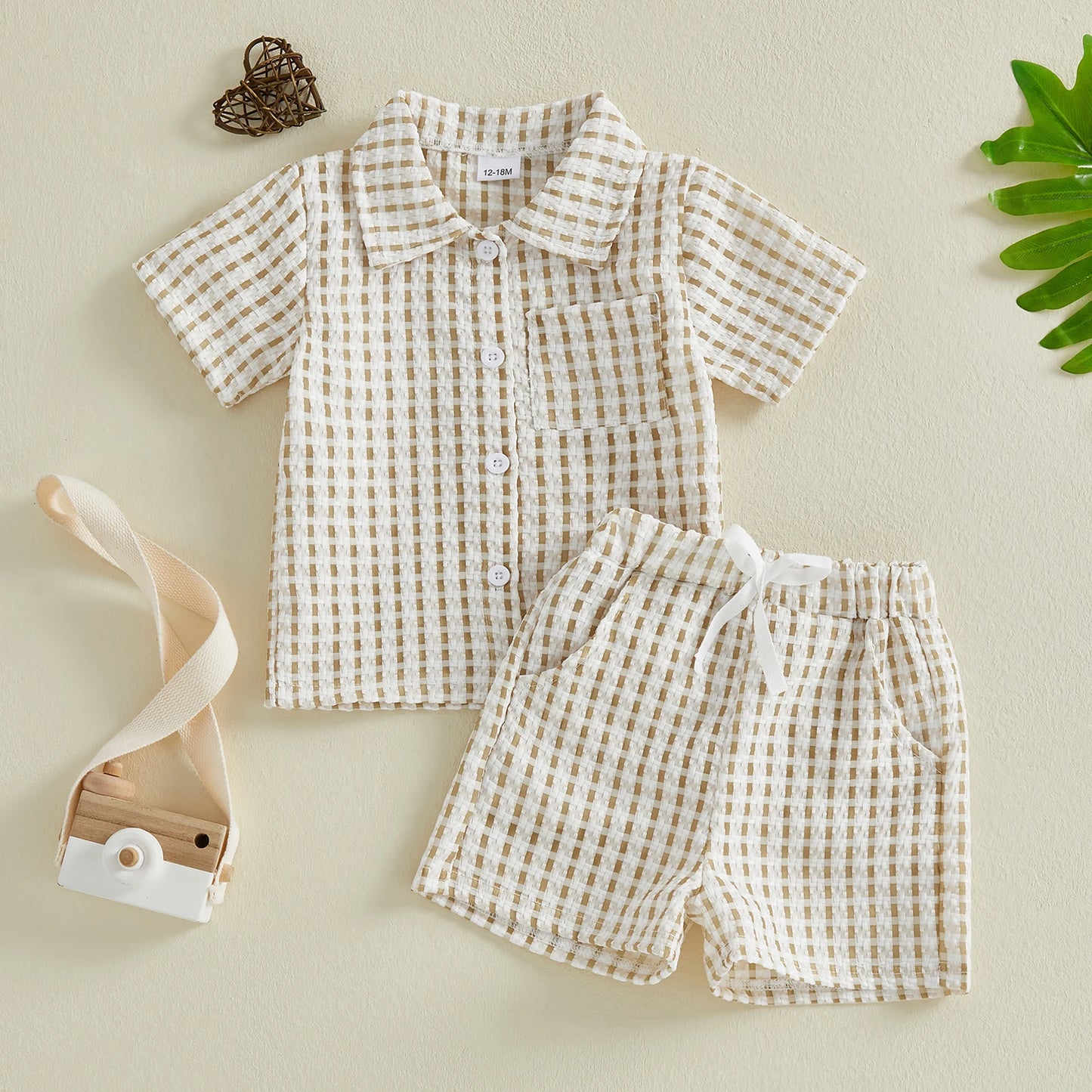 Infant Boy Summer Checkered 2 Piece Shirt And Shorts Set