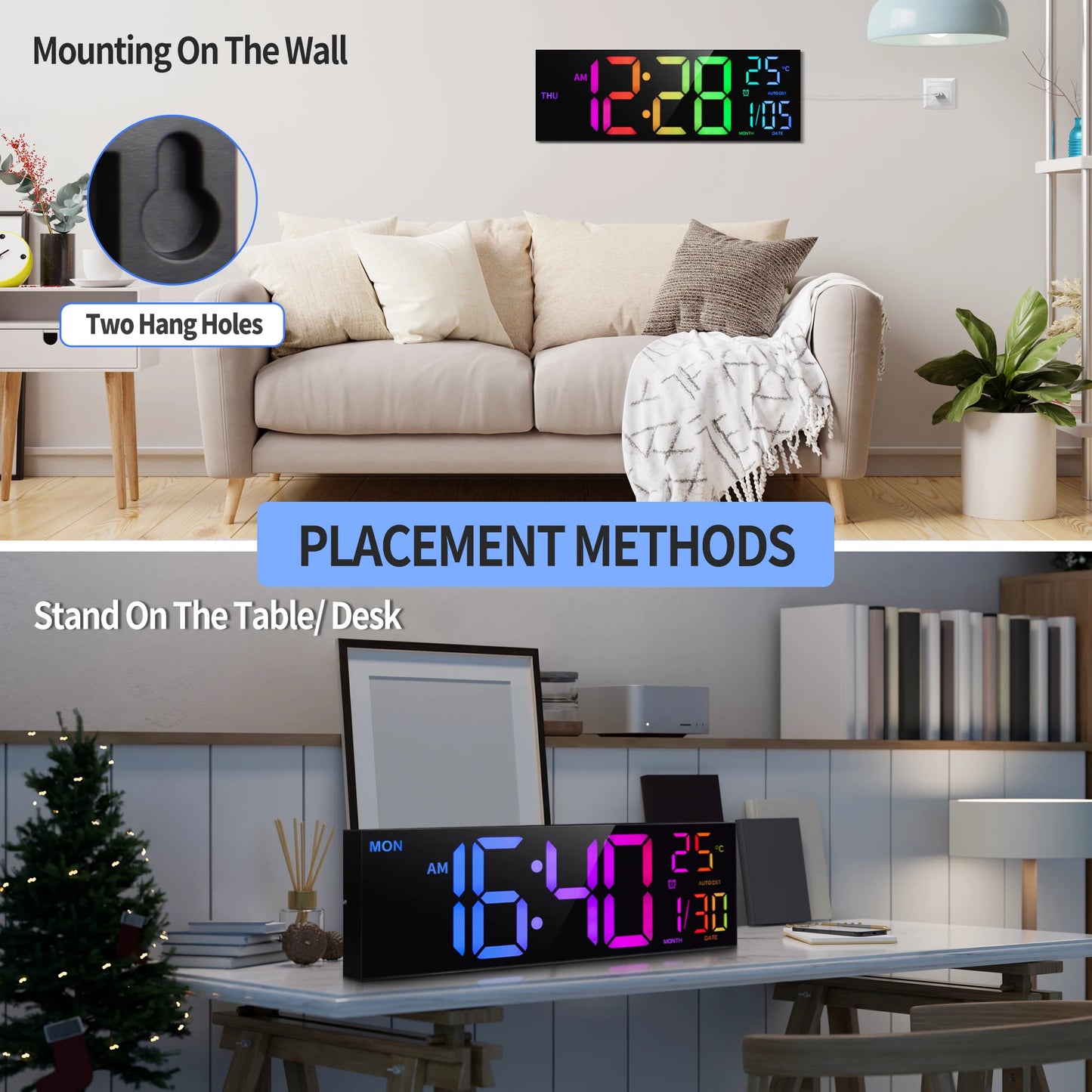 Digital Wall Clock With Large LED Display And Remote Temperature