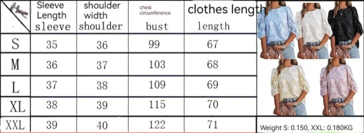 Women Puff Sleeve Chiffon Blouse Floral Lace Trim Loose Fit