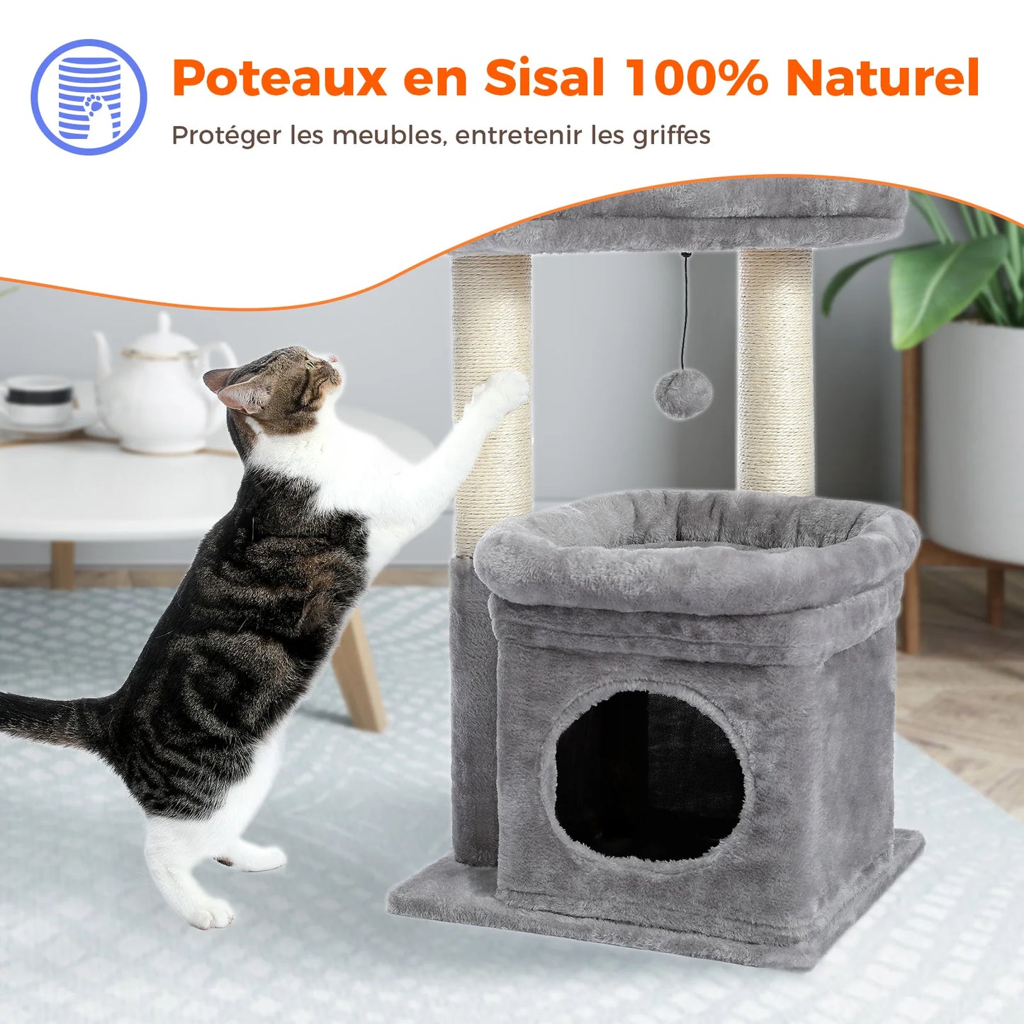 PEQULTI Cat Tree With Natural Sisal Scratching Post And Condo