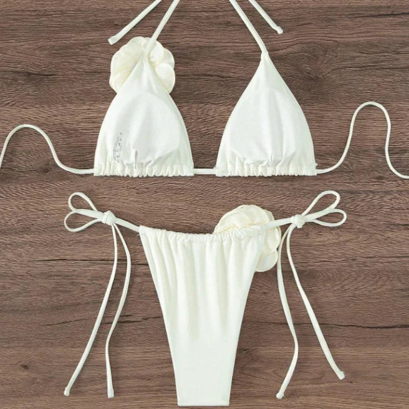 Sexy 3D Flowers Halter Strappy Bikini Set Women Swimwear