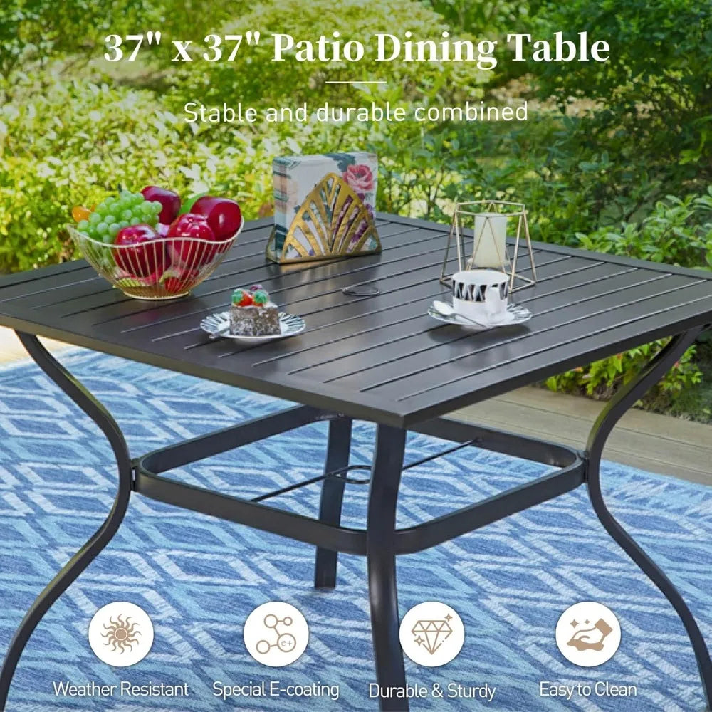 Patio Dining Set For Four 37 Inch Square Table Umbrella Hole Brown Bamboo Chairs