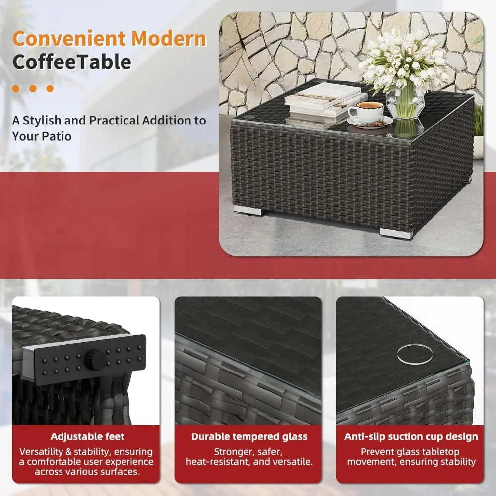 7 Piece Outdoor Patio Furniture Set Rattan Wicker Glass Table