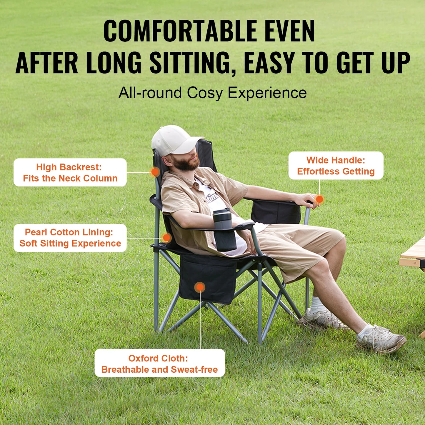 VEVOR Camping Folding Chair For Adults Quad Lumbar Back Padded With Side Pockets