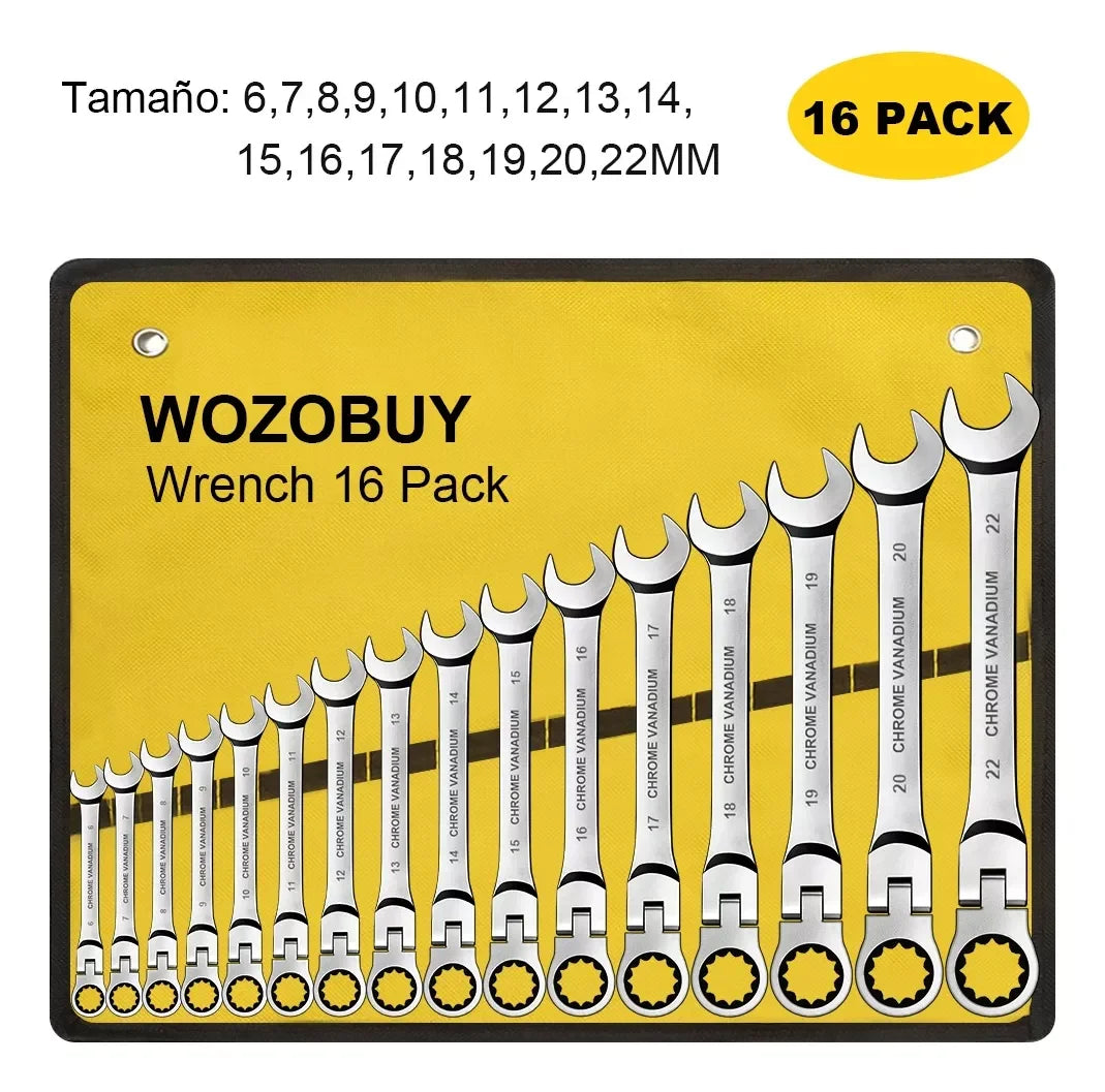 WOZOBUY 16Pcs Premium Flex Head Ratcheting Wrench Set Storage