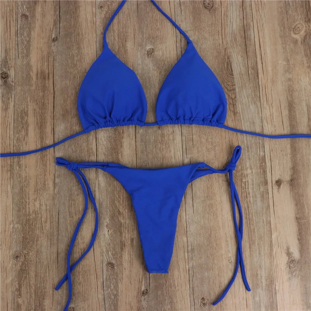 Women Halter Bikini Set Two Piece Solid Swimwear For Summer