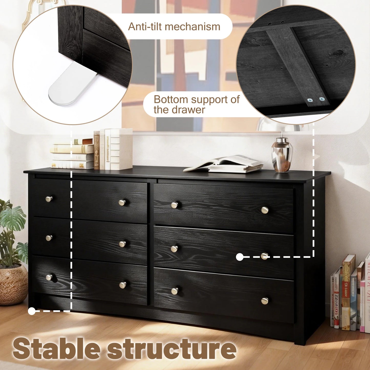 JHK 6 Drawer Wood Dresser Cabinet For Living Room Minimalist Modern