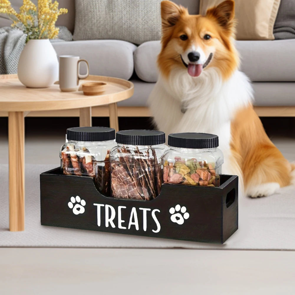 Wooden Dog Food Storage Holder With 3 Treat Jars Airtight
