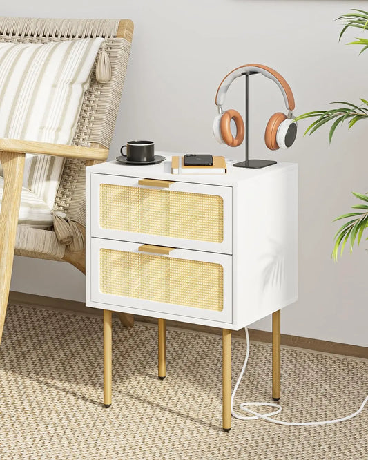 XIUWO Nightstand With Charging Station Rattan Bedside Table