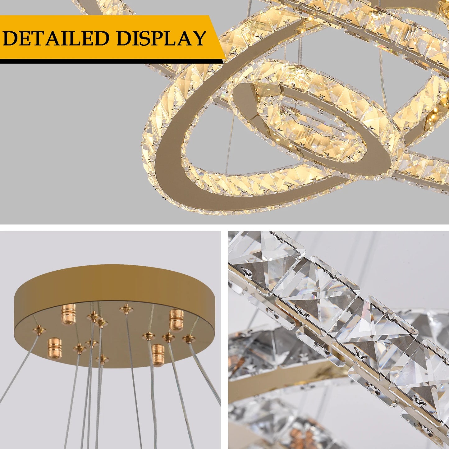 VETRULUS Crystal Ceiling Chandelier Three Ring Pendant Light
