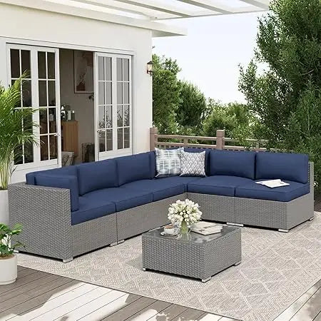 7 Piece Outdoor Patio Furniture Set Rattan Wicker Glass Table