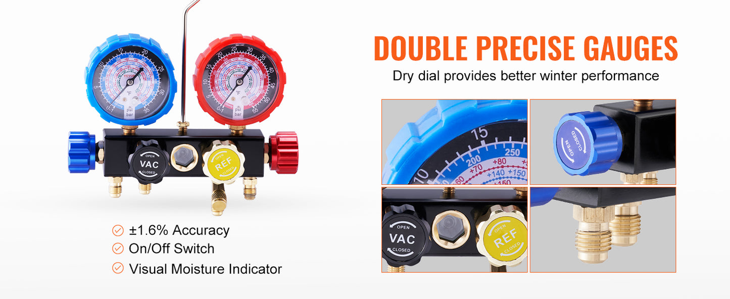 SucceBuy 4 Way AC Manifold Gauge Set With Hoses R134A