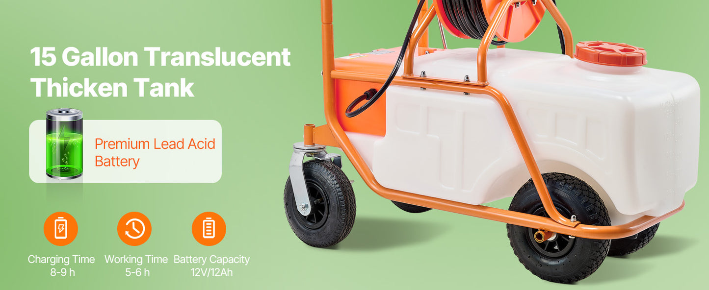 SucceBuy Battery Powered Garden Sprayer With Wheeled Cart Hose Reel